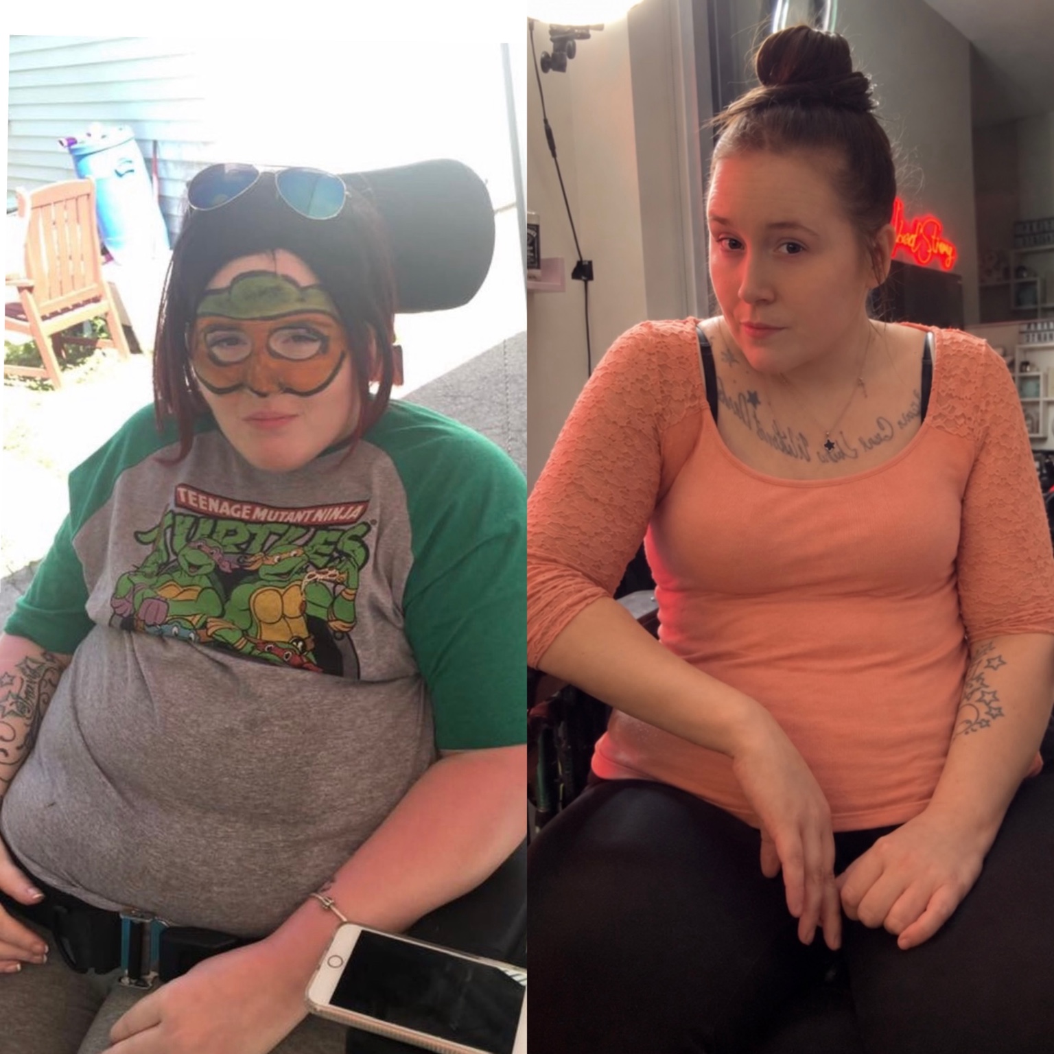 Side-by-side photos of Krys seated in her wheelchair at two points in her weight loss journey.