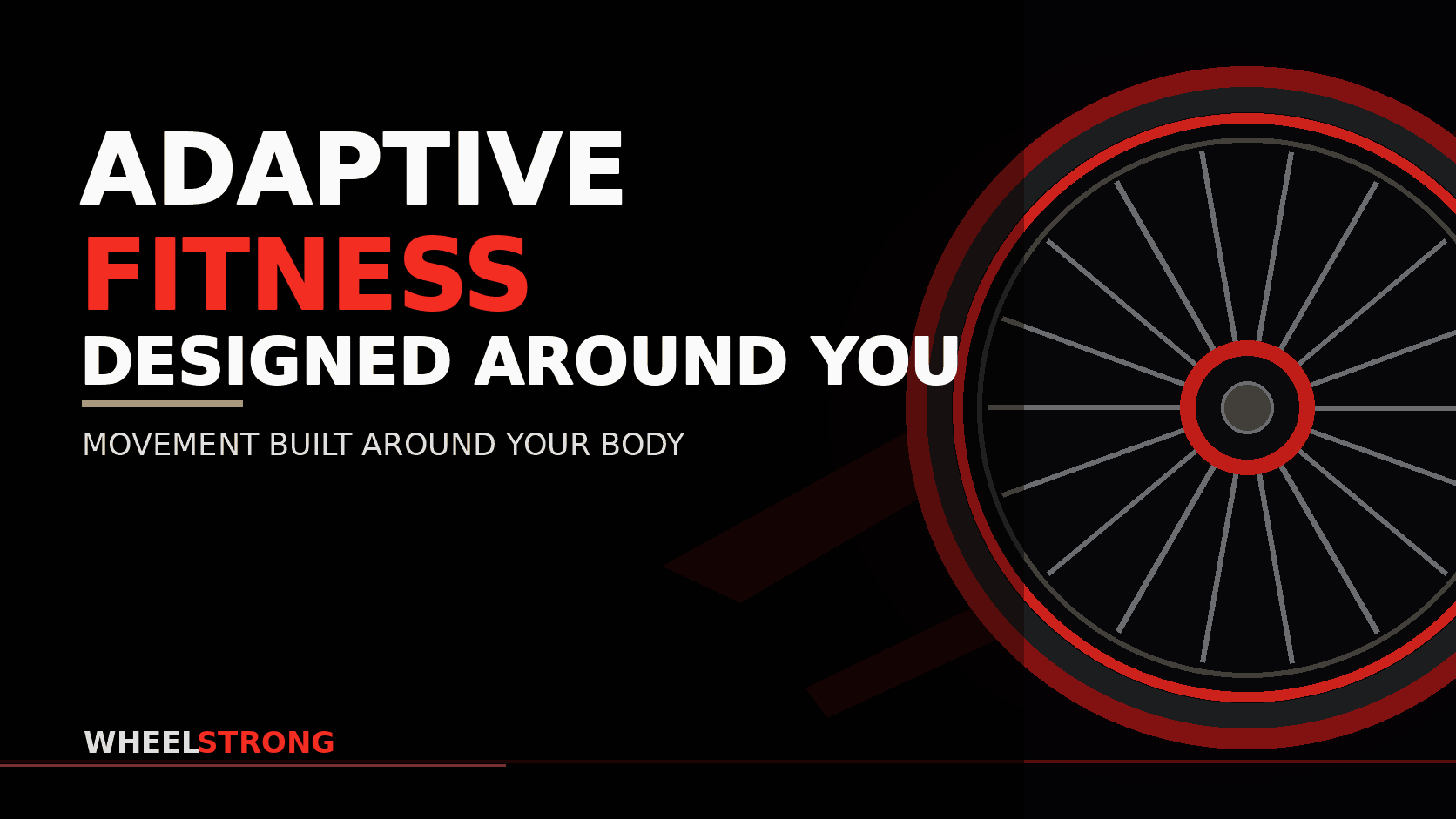 WheelStrong black, red, and white title graphic for adaptive fitness, with a wheelchair wheel motif.